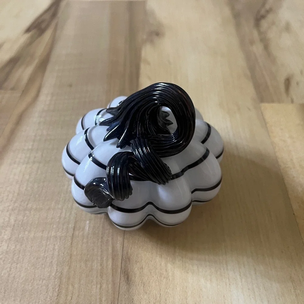 Hand Blown Glass Pumpkin Halloween White Black Fall Home Decor Gothic Spooky
